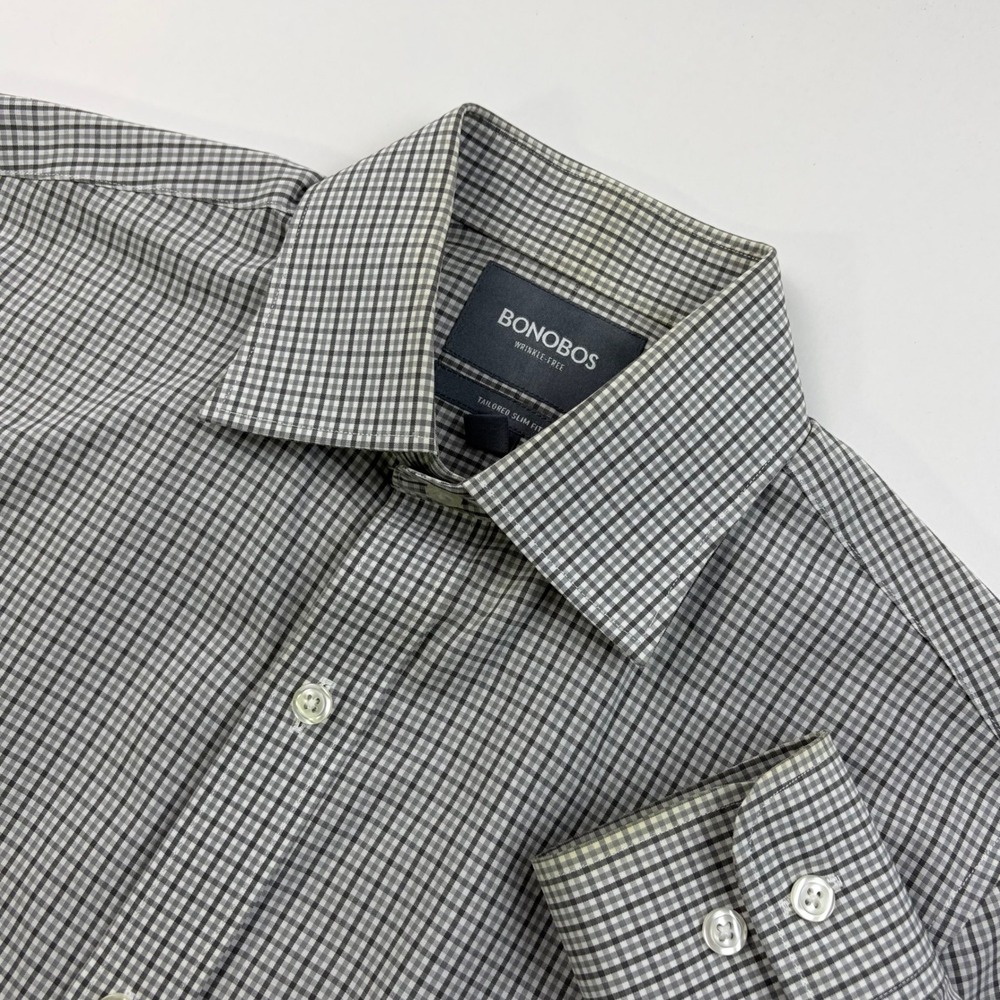Bonobos Wrinkle-Free Dress Shirt Mens 14.5 33 Gray Check Tailored Slim Fit 16046